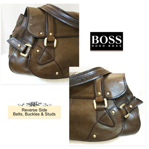 HUGO BOSS Dark Brown Genuine Leather Satchel Handbag Carry Flap Top Dual Handles - Picture 5 of 12